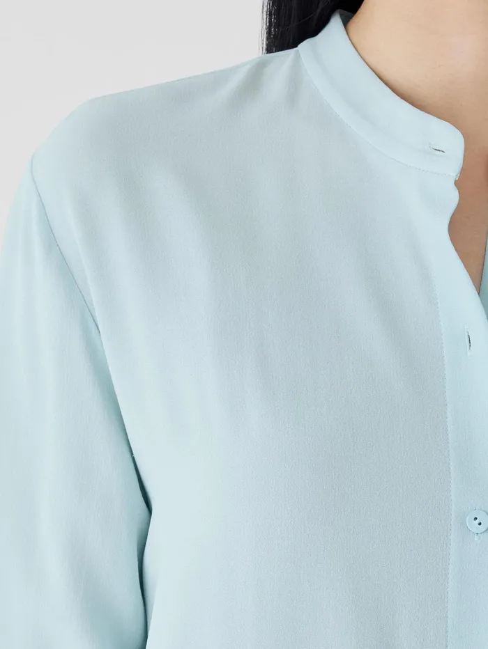 Tops and Tees Women Eileen Fisher Silk Georgette Crepe Band Collar Shirt Clearwater