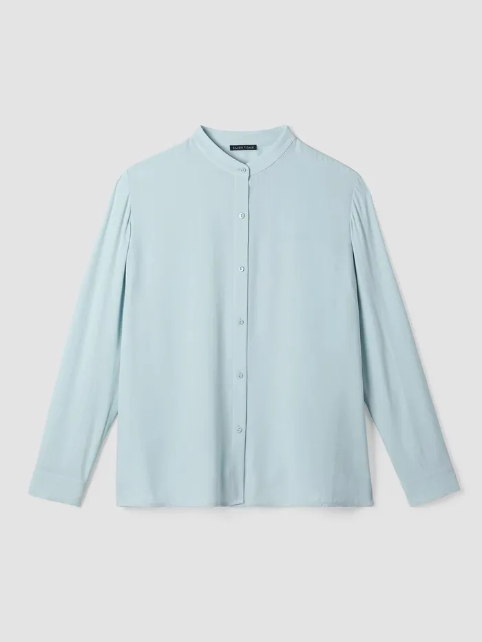 Tops and Tees Women Eileen Fisher Silk Georgette Crepe Band Collar Shirt Clearwater