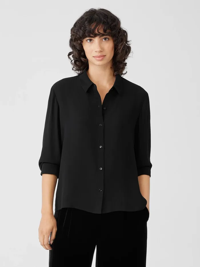 Tops and Tees Women Eileen Fisher Silk Georgette Crepe Classic Collar Shirt Black Tops and Tees Women Eileen Fisher Silk Georgette Crepe Classic Collar Shirt Black