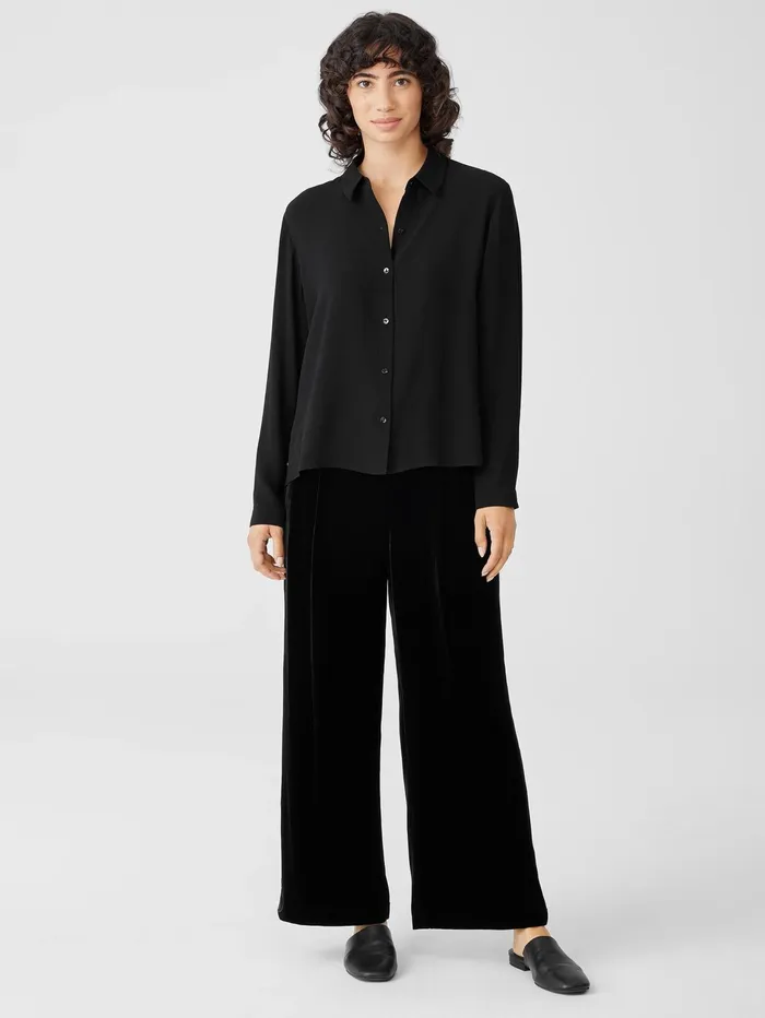 Tops and Tees Women Eileen Fisher Silk Georgette Crepe Classic Collar Shirt Black