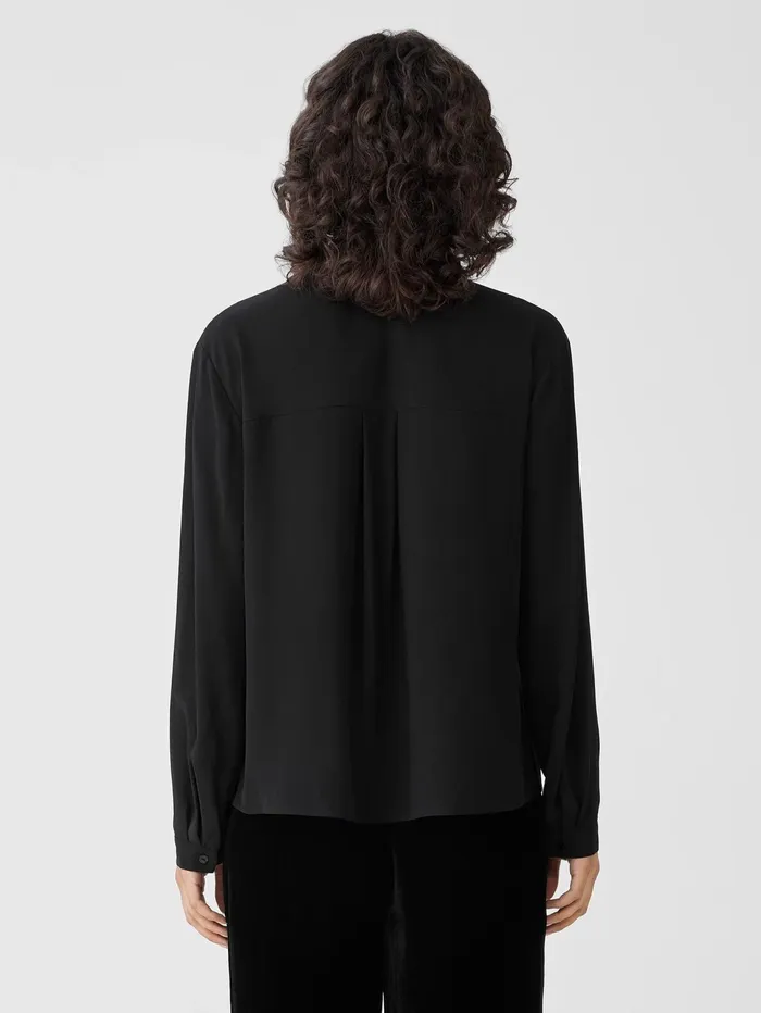 Tops and Tees Women Eileen Fisher Silk Georgette Crepe Classic Collar Shirt Black