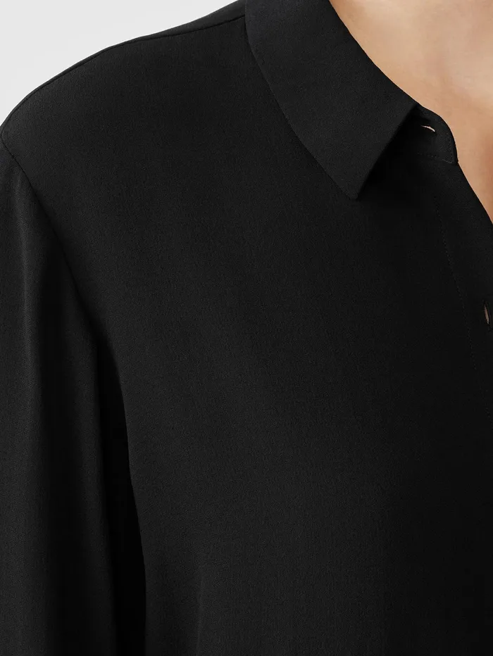 Tops and Tees Women Eileen Fisher Silk Georgette Crepe Classic Collar Shirt Black