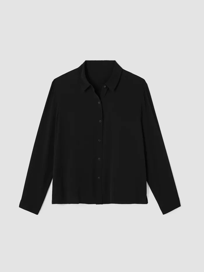Tops and Tees Women Eileen Fisher Silk Georgette Crepe Classic Collar Shirt Black