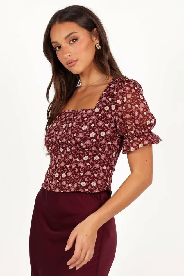 Tops Lucie Top Burgundy Multi Petal and Pup Women