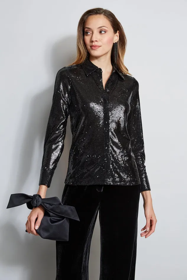 Tops Women Elie Tahari Sequin Button Down Shirt BLACK