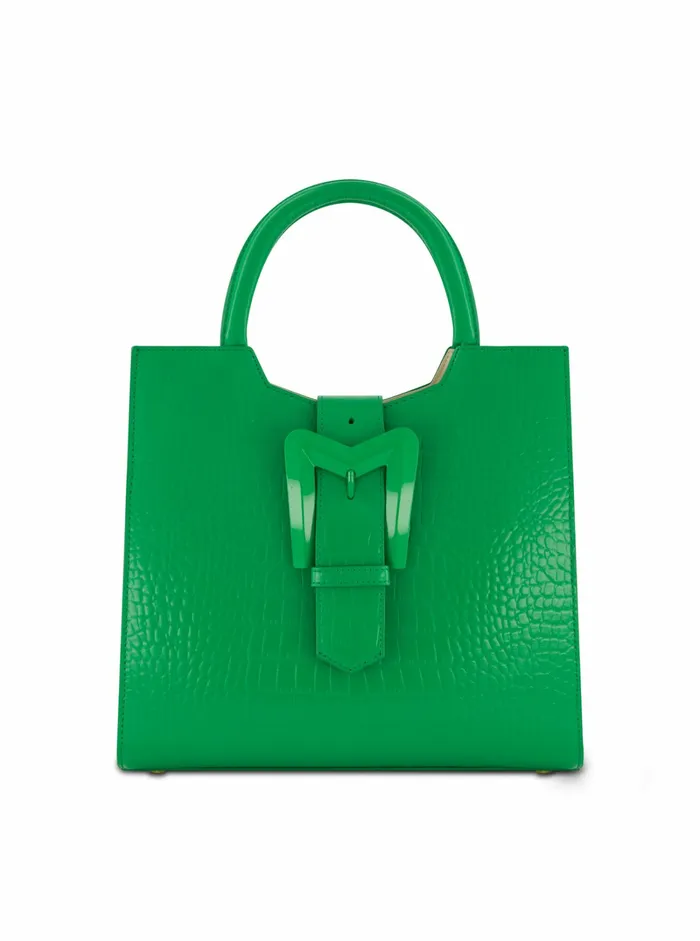Totes Women Mac Duggal Buckled Medium Croco Green Leather Tote Bag with Detachable Strap Spring Green