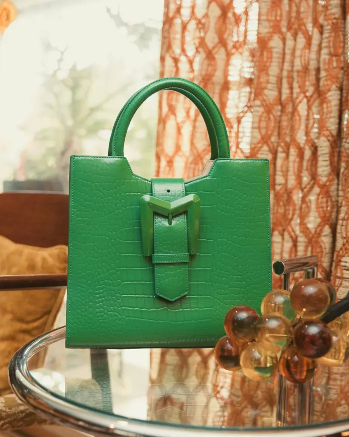 Totes Women Mac Duggal Buckled Medium Croco Green Leather Tote Bag with Detachable Strap Spring Green