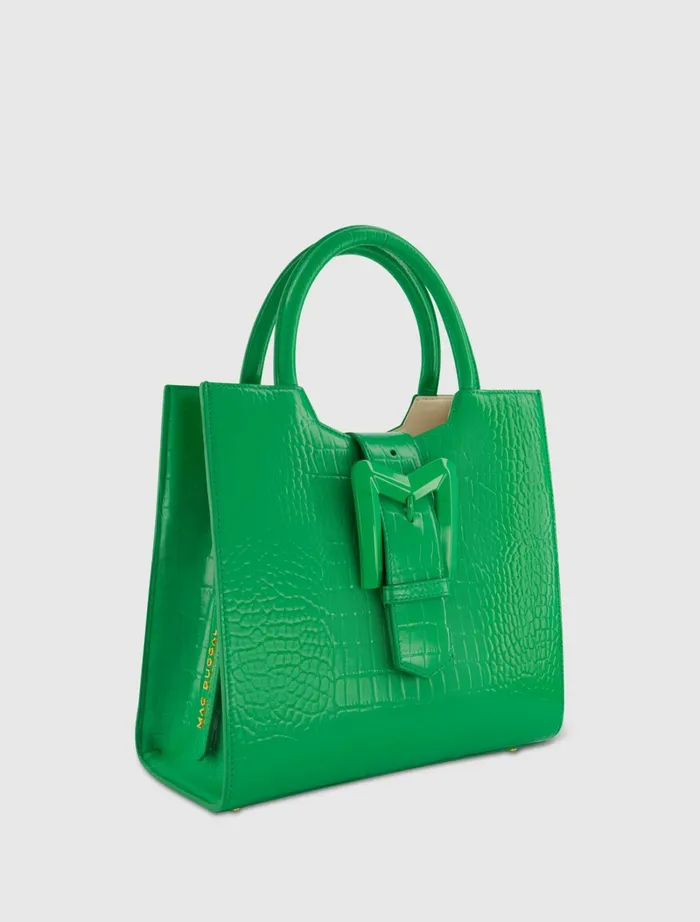 Totes Women Mac Duggal Buckled Medium Croco Green Leather Tote Bag with Detachable Strap Spring Green