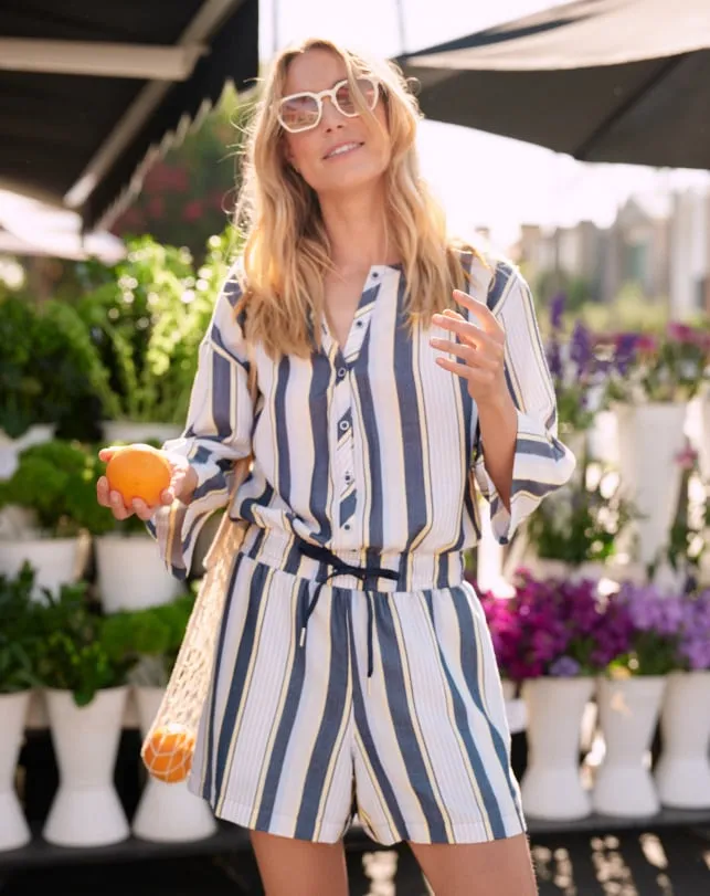 TravisMathew LUCKY LOO TWILL TIE WAIST ROMPER Navy Stripe Women Jumpsuits and Rompers
