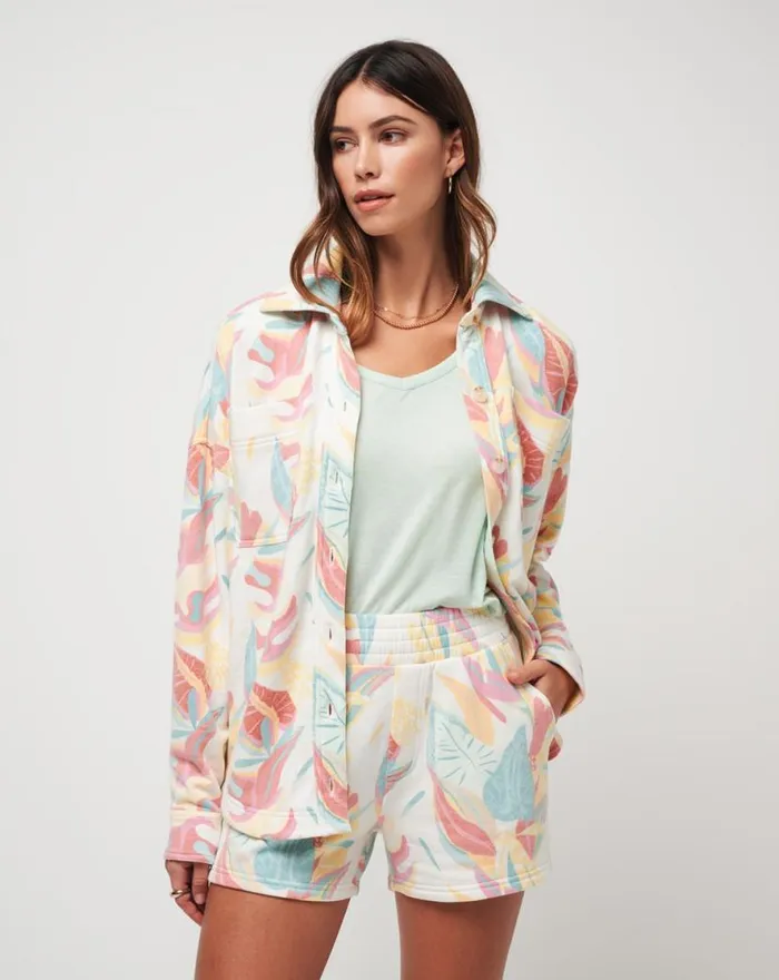TravisMathew VACAY AND ROSE CLOUD FLEECE SHACKET Ivory Multi Women Jackets