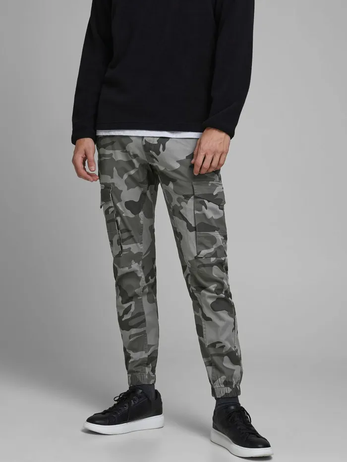 Trousers JACK and JONES Mens PAUL FLAKE CAMO CARGO TROUSERS Grey Charcoal Gray Trousers JACK and JONES Mens PAUL FLAKE CAMO CARGO TROUSERS Grey Charcoal Gray