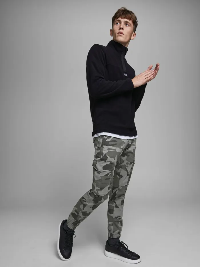 Trousers JACK and JONES Mens PAUL FLAKE CAMO CARGO TROUSERS Grey Charcoal Gray