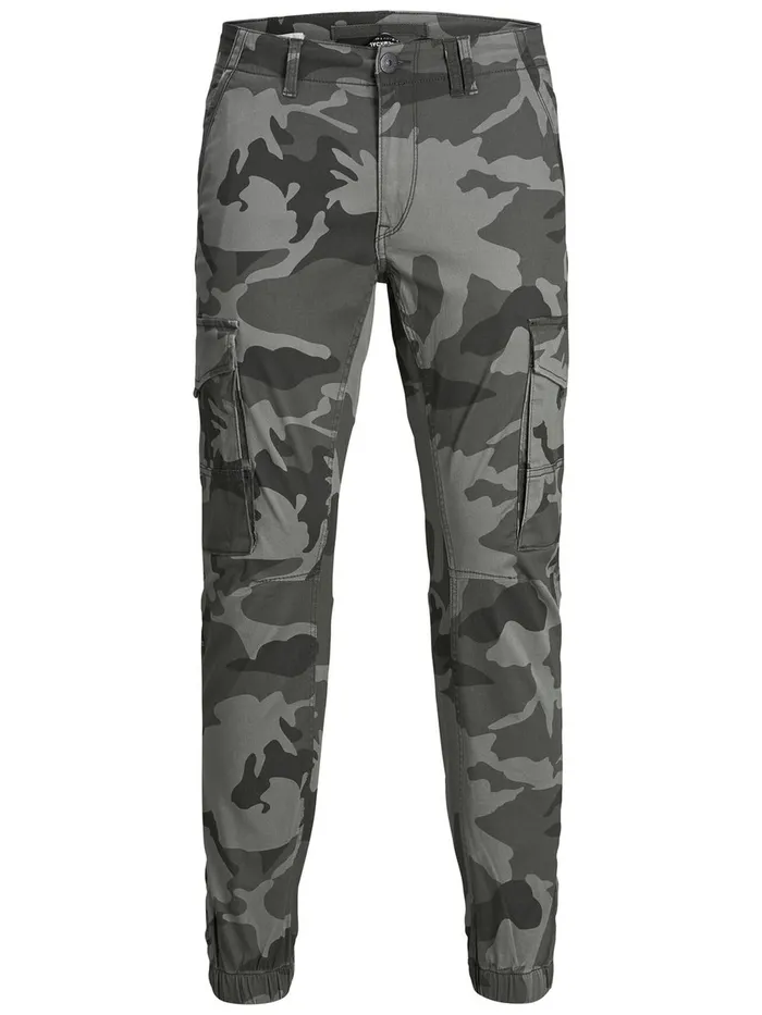 Trousers JACK and JONES Mens PAUL FLAKE CAMO CARGO TROUSERS Grey Charcoal Gray