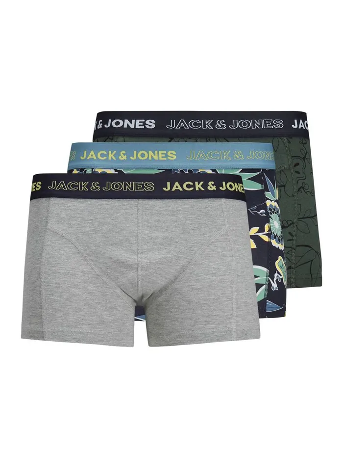 Underwear JACK and JONES Mens 3PACK LEAF TRUNKS Grey Real Teal Near Me