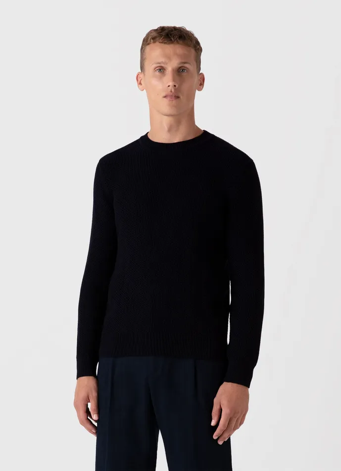 ussunspel Honeycomb Cotton Crew Neck Jumper Navy Men Knitwear ussunspel Honeycomb Cotton Crew Neck Jumper Navy Men Knitwear
