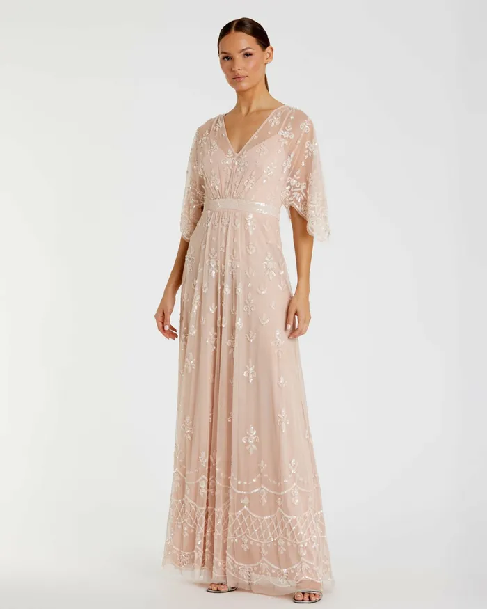 V Neck Flounce Sleeve Embellished Mesh Gown Blush Women Evening Gowns Mac Duggal V Neck Flounce Sleeve Embellished Mesh Gown Blush Women Evening Gowns Mac Duggal