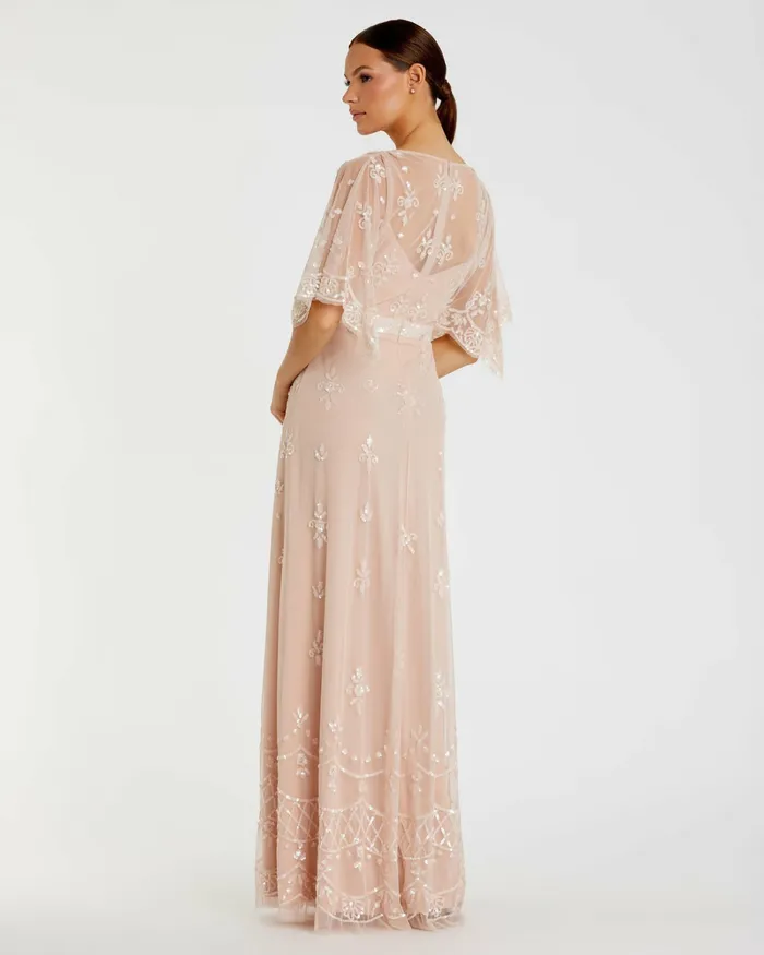 V Neck Flounce Sleeve Embellished Mesh Gown Blush Women Evening Gowns Mac Duggal