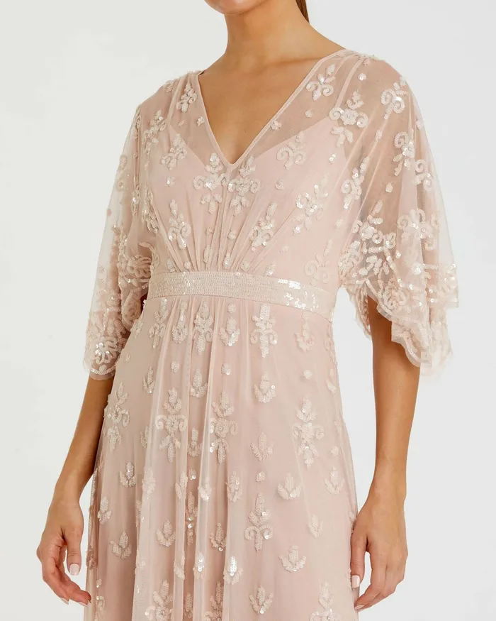 V Neck Flounce Sleeve Embellished Mesh Gown Blush Women Evening Gowns Mac Duggal