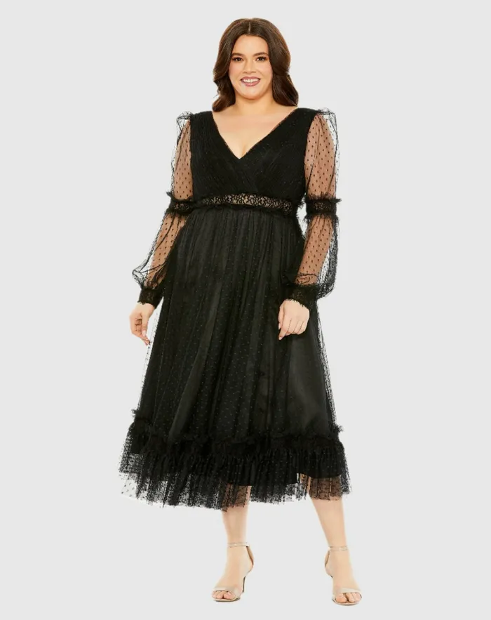 V Neck Long Sleeve Polka Dot Dress with Lace Belt Black Women Plus Size Dresses Mac Duggal V Neck Long Sleeve Polka Dot Dress with Lace Belt Black Women Plus Size Dresses Mac Duggal