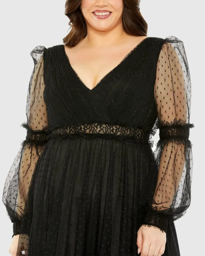 V Neck Long Sleeve Polka Dot Dress with Lace Belt Black Women Plus Size Dresses Mac Duggal V Neck Long Sleeve Polka Dot Dress with Lace Belt Black Women Plus Size Dresses Mac Duggal