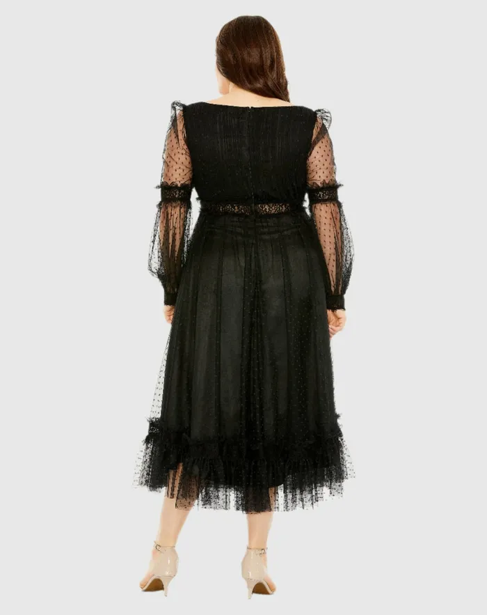 V Neck Long Sleeve Polka Dot Dress with Lace Belt Black Women Plus Size Dresses Mac Duggal V Neck Long Sleeve Polka Dot Dress with Lace Belt Black Women Plus Size Dresses Mac Duggal