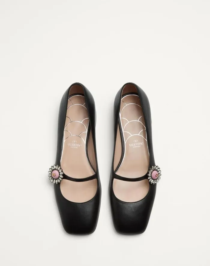 Valentino Ballerinas Woman Maryjane Preshoes Ballerina In Kidskin With Jewel Button 20mm For Woman In Blackpink Blackpink Valentino Ballerinas Woman Maryjane Preshoes Ballerina In Kidskin With Jewel Button 20mm For Woman In Blackpink Blackpink
