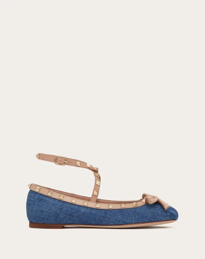 Valentino Ballerinas Woman Rockstud Denim Ballerinas For Woman In Rose Cannelle Rose Cannelle