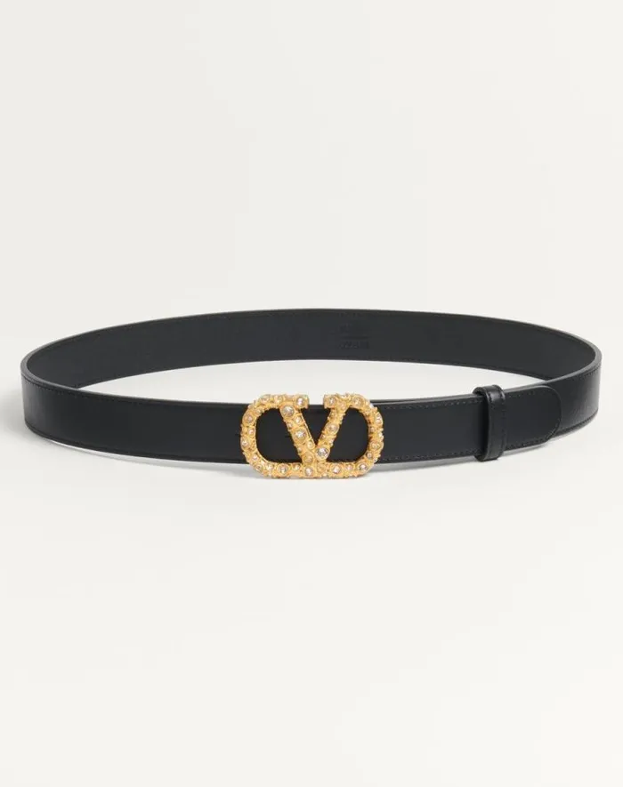 Valentino Belts Woman Vlogo Signature Belt In Shiny Calfskin With Crystals 30 Mm For Woman In Ivorycrystal Ivorycrystal