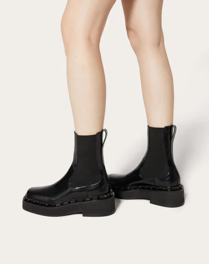 Valentino Boots Woman Mway Rockstud Beatle In Calfskin With Toneontone Studs 50 Mm For Woman In Black Black