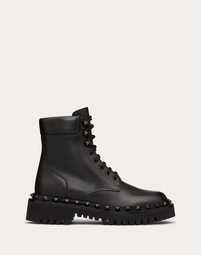 Valentino Boots Woman Rockstud Calfskin Combat Boot With Matching Studs 50mm For Woman In Black Black