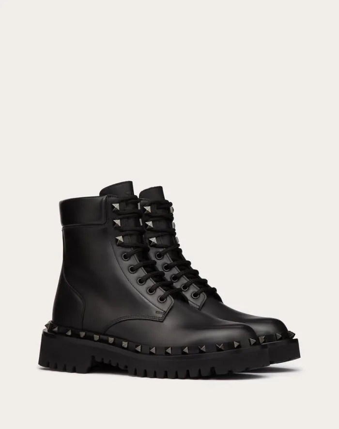 Valentino Boots Woman Rockstud Calfskin Combat Boot With Matching Studs 50mm For Woman In Black Black Valentino Boots Woman Rockstud Calfskin Combat Boot With Matching Studs 50mm For Woman In Black Black