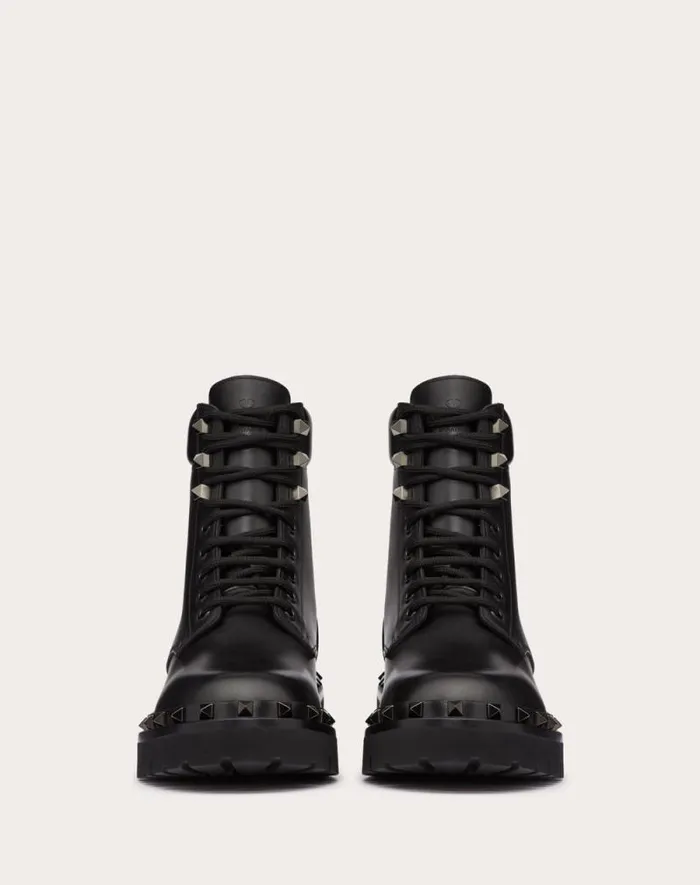 Valentino Boots Woman Rockstud Calfskin Combat Boot With Matching Studs 50mm For Woman In Black Black Valentino Boots Woman Rockstud Calfskin Combat Boot With Matching Studs 50mm For Woman In Black Black