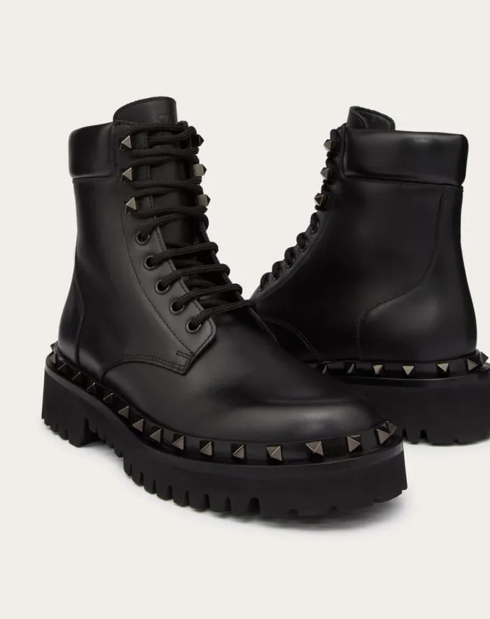 Valentino Boots Woman Rockstud Calfskin Combat Boot With Matching Studs 50mm For Woman In Black Black Valentino Boots Woman Rockstud Calfskin Combat Boot With Matching Studs 50mm For Woman In Black Black