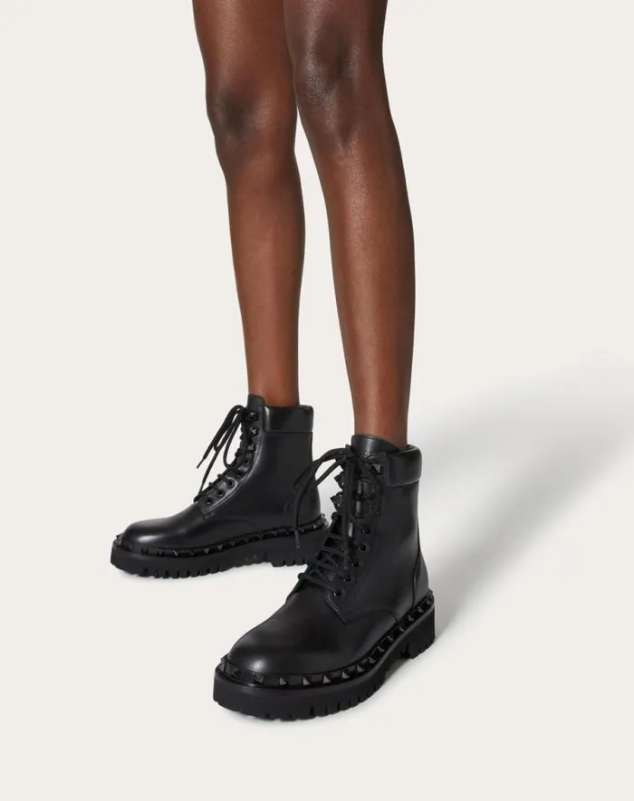 Valentino Boots Woman Rockstud Calfskin Combat Boot With Matching Studs 50mm For Woman In Black Black Valentino Boots Woman Rockstud Calfskin Combat Boot With Matching Studs 50mm For Woman In Black Black