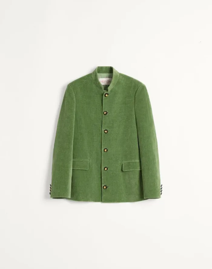 Valentino Coats And Blazers Man Cotton Velvet And Washed Linen Jacket With Mandarin Collar For Man In Laurel Laurel