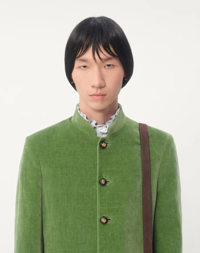 Valentino Coats And Blazers Man Cotton Velvet And Washed Linen Jacket With Mandarin Collar For Man In Laurel Laurel