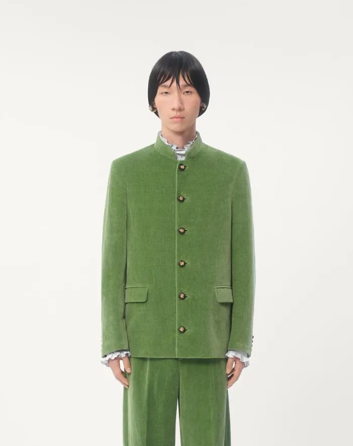 Valentino Coats And Blazers Man Cotton Velvet And Washed Linen Jacket With Mandarin Collar For Man In Laurel Laurel