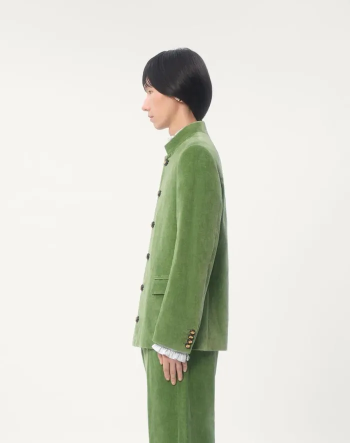 Valentino Coats And Blazers Man Cotton Velvet And Washed Linen Jacket With Mandarin Collar For Man In Laurel Laurel