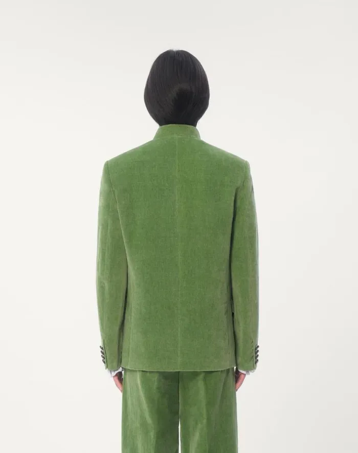 Valentino Coats And Blazers Man Cotton Velvet And Washed Linen Jacket With Mandarin Collar For Man In Laurel Laurel