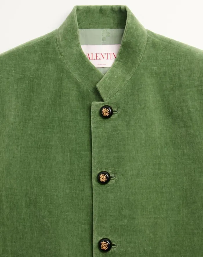 Valentino Coats And Blazers Man Cotton Velvet And Washed Linen Jacket With Mandarin Collar For Man In Laurel Laurel
