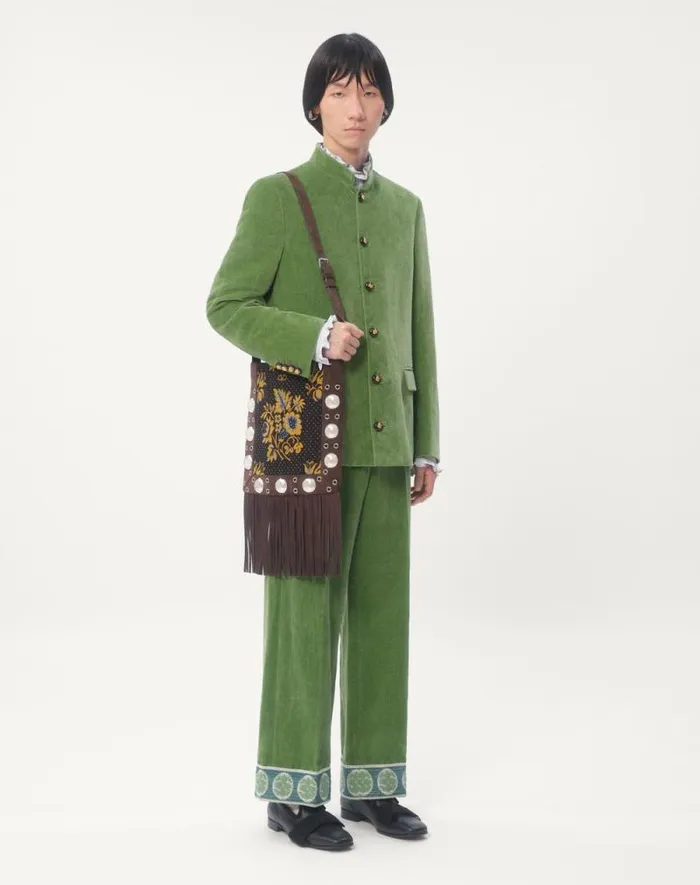 Valentino Coats And Blazers Man Cotton Velvet And Washed Linen Jacket With Mandarin Collar For Man In Laurel Laurel