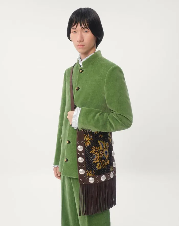 Valentino Coats And Blazers Man Cotton Velvet And Washed Linen Jacket With Mandarin Collar For Man In Laurel Laurel