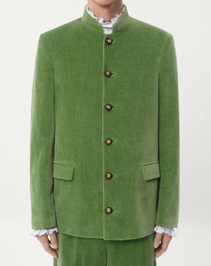 Valentino Coats And Blazers Man Cotton Velvet And Washed Linen Jacket With Mandarin Collar For Man In Laurel Laurel