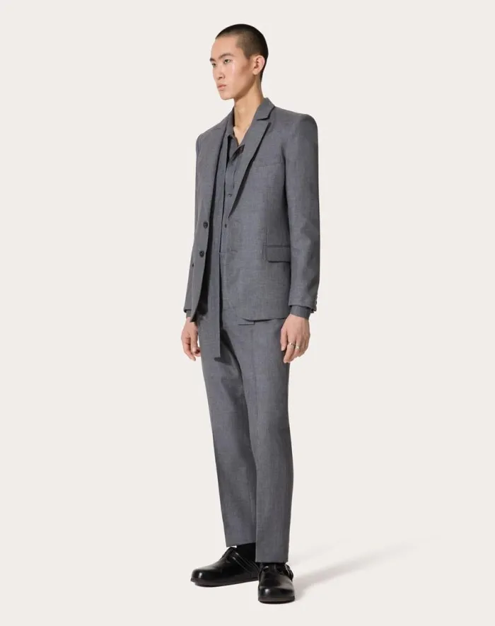 Valentino Coats And Blazers Man Singlebreasted Linen Jacket Laminated With Neoprene Scuba For Man In Light Grey Light Grey
