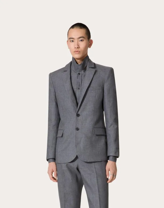 Valentino Coats And Blazers Man Singlebreasted Linen Jacket Laminated With Neoprene Scuba For Man In Light Grey Light Grey