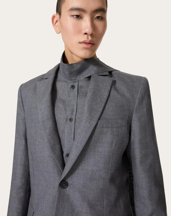 Valentino Coats And Blazers Man Singlebreasted Linen Jacket Laminated With Neoprene Scuba For Man In Light Grey Light Grey