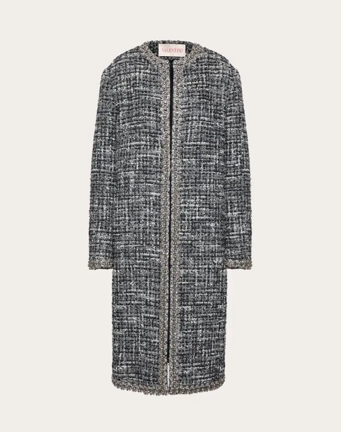 Valentino Coats And Outerwear Woman Tweed Melange Embroidered Coat For Woman In Black Black Valentino Coats And Outerwear Woman Tweed Melange Embroidered Coat For Woman In Black Black