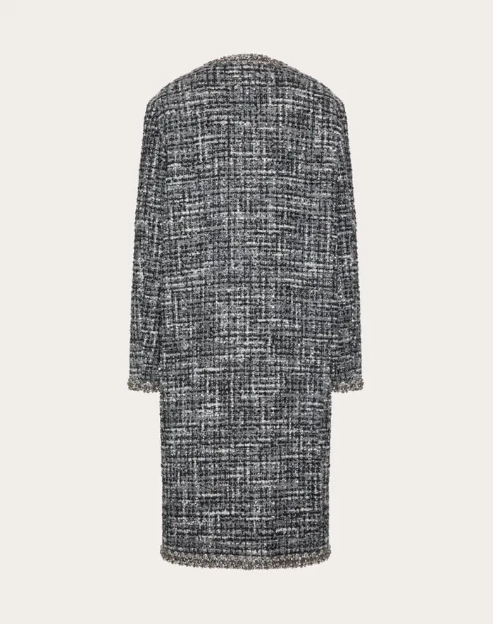 Valentino Coats And Outerwear Woman Tweed Melange Embroidered Coat For Woman In Black Black Valentino Coats And Outerwear Woman Tweed Melange Embroidered Coat For Woman In Black Black