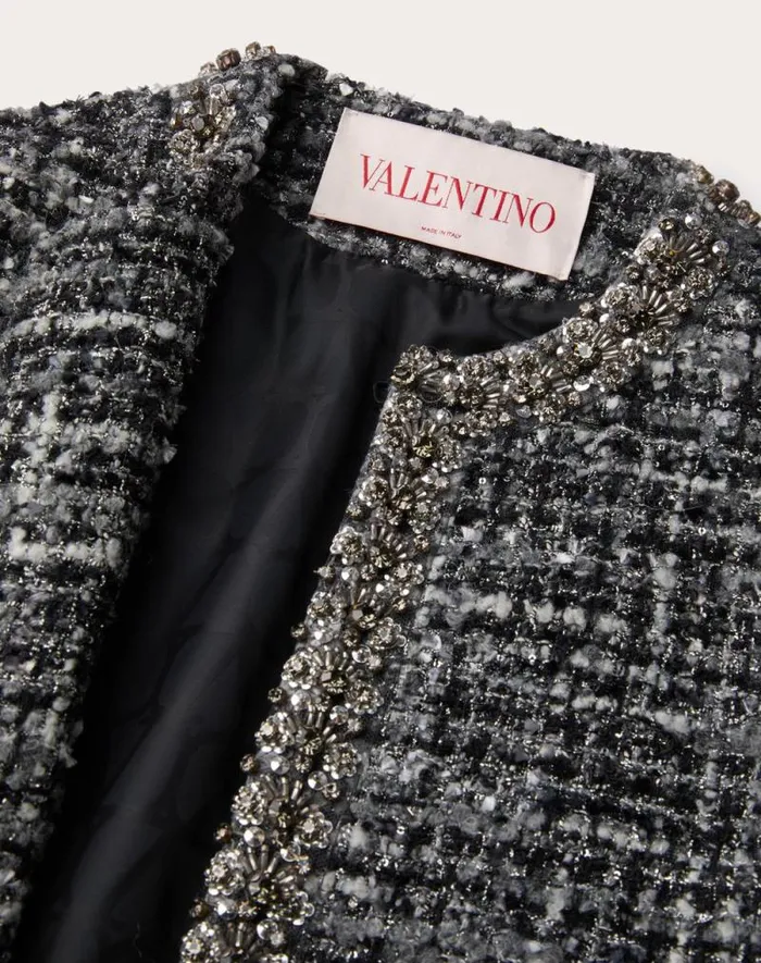 Valentino Coats And Outerwear Woman Tweed Melange Embroidered Coat For Woman In Black Black Valentino Coats And Outerwear Woman Tweed Melange Embroidered Coat For Woman In Black Black