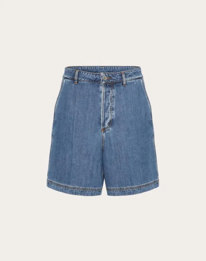 Valentino Denim Man Denim Bermuda Shorts With Metallic V Detail For Man In Denim Denim Valentino Denim Man Denim Bermuda Shorts With Metallic V Detail For Man In Denim Denim